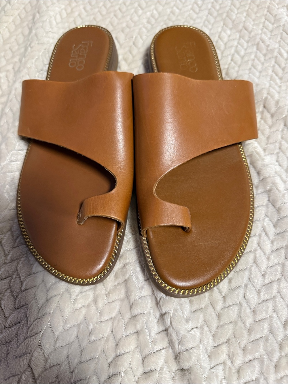 Franco Sarto Cognac Brown Leather Toe-Loop Slide Sandals